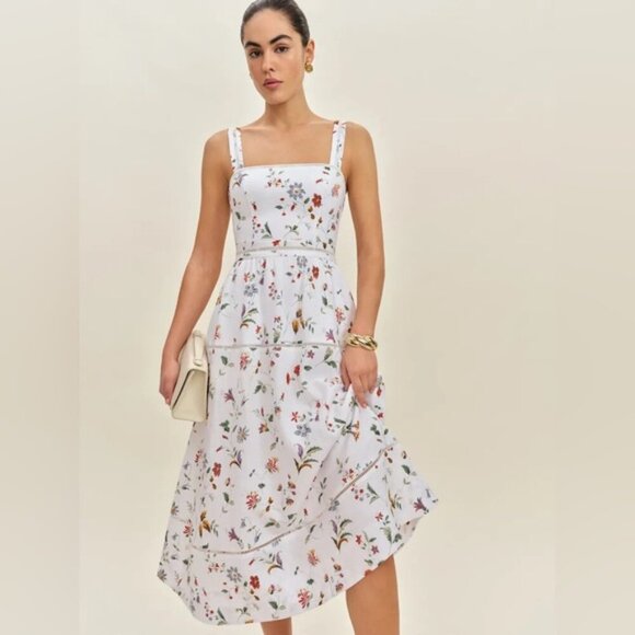 NEW Reformation Everett Linen Midi Dress Corsini White Multi Floral | US 2 UK 6 - Picture 3 of 16